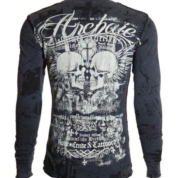 Archaic by Affliction Men's Thermal Shirt CRUDE Skull Biker Charcoal - Picture 3 of 9